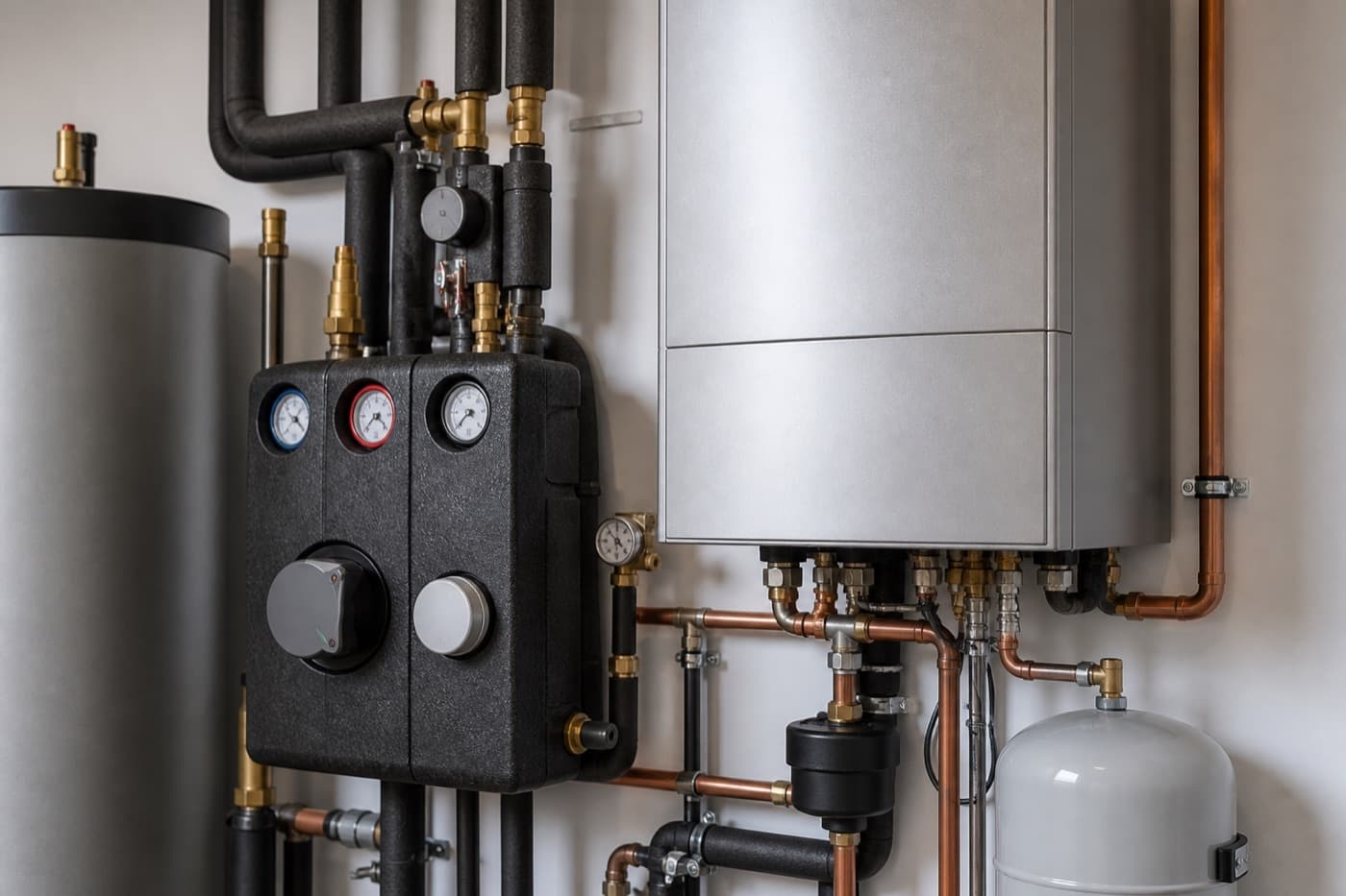 Heizungsanlage mit gedämmten Leitungen in einem Technikraum