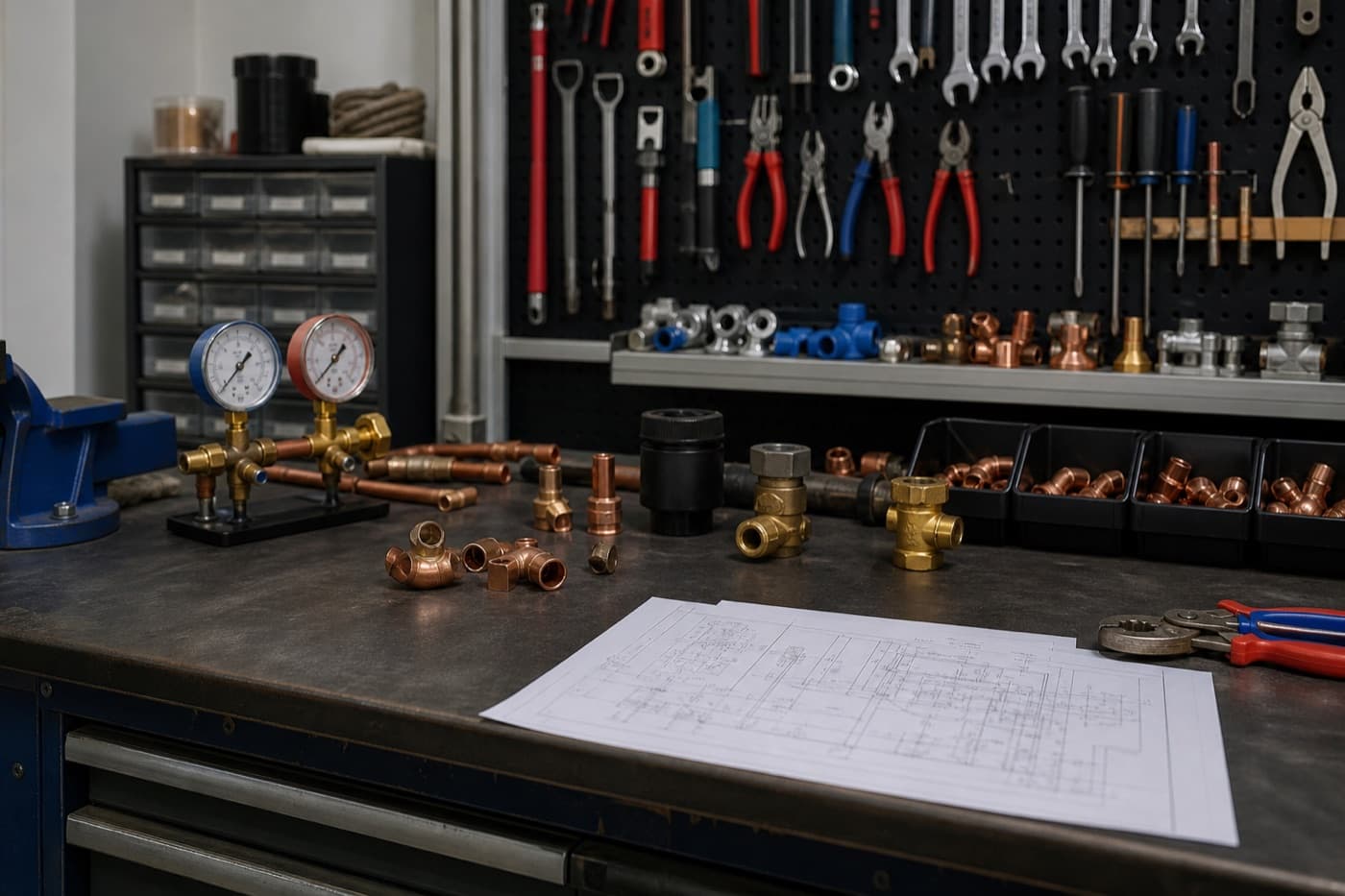 Platzhalterfoto: Werkstatt-Arbeitsplatz mit Werkzeug und Armaturen